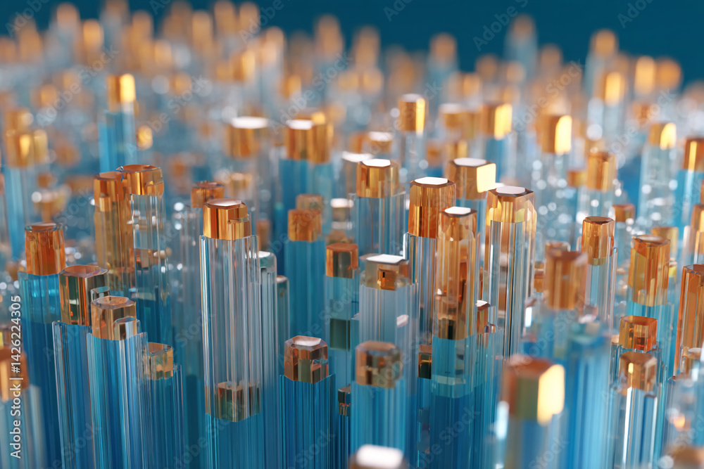 Poster Abstract image of numerous blue and amber glass prisms, creating a cityscape-like texture.  Represents modern architecture, technology, or data visualization.  Suitable for tech or design concepts.