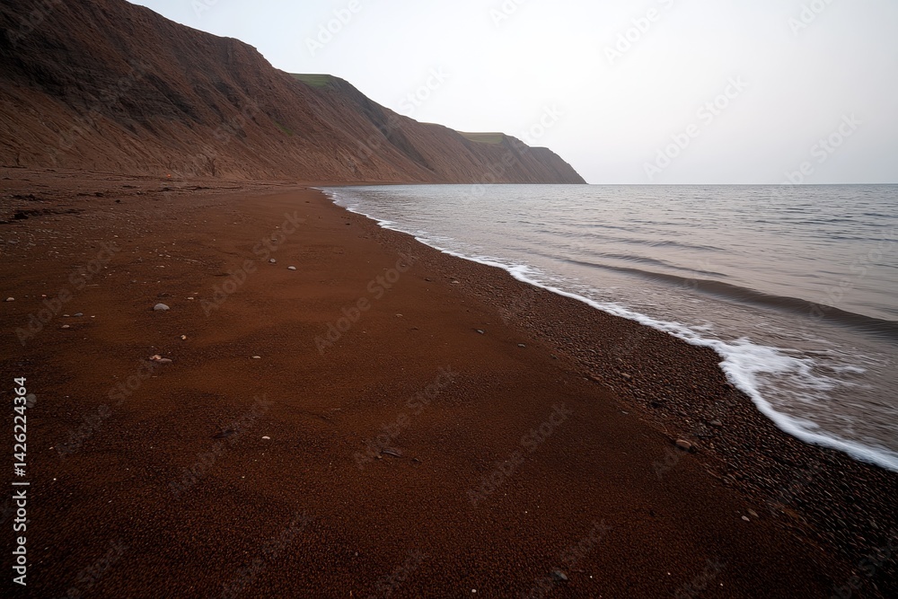 Poster Desert dunes merge seamlessly with the ocean waves at dusk, showcasing the stark contrast between arid land and refreshing water in a tranquil setting