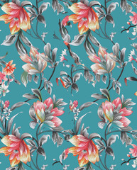 Seamless Floral Pattern with Leaves and Textures