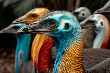 Naklejka premium Colorful tropical birds stand together in a natural habitat during daylight hours showcasing vibrant plumage and unique features