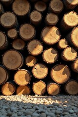 Sunlit Stack of Timber Logs Resting on a Pebble Surface