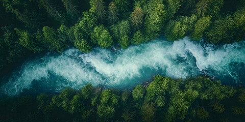 Aerial view of a turquoise river rushing through a dense evergreen forest during high water season, white rapids crashing over rocks, vibrant contrast between water and trees.  