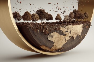 Creative representation of Earth with trees and soil in a circular sculpture highlighting nature's beauty and fragility