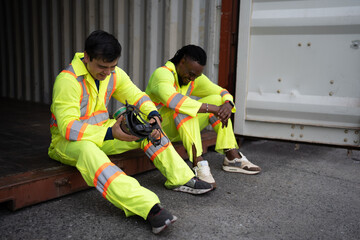 Caucasian and African American Worker with high visibility safety gear puts on protective gas mask