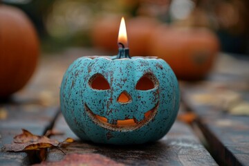 Blue pumpkin with a smiling face glowing in the autumn evening surrounded by fall foliage and pumpkins