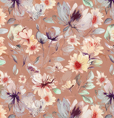 Seamless Floral Pattern with Leaves and Textures