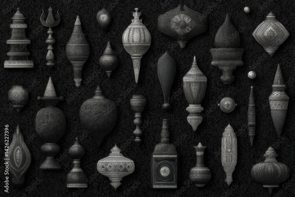 Poster Decorative black ornamental objects display intricate patterns and shapes in a grouping on a dark background