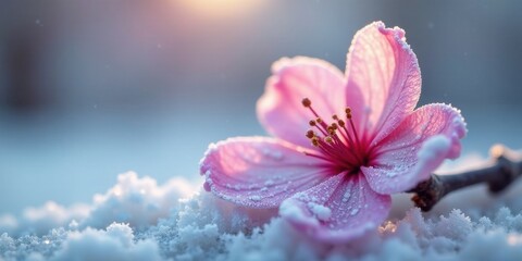 A delicate pink blossom, frosted with winter's kiss, rests gently on a bed of pristine snow, bathed in the soft glow of a rising sun.