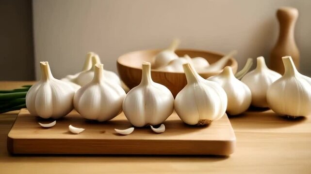 Fresh garlic cloves on a kitchen work surface in preparing for cooking