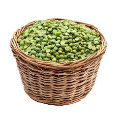 Fresh green peas in a woven basket ready for cooking or snacking at a local market