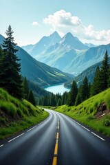 Asphalt Ribbon Unwinding Through Majestic Mountain Scenery, Beside a Serene Lake and Lush Evergreen Forest