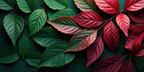 Autumnal foliage vibrant green and crimson leaves arranged artistically on a dark background