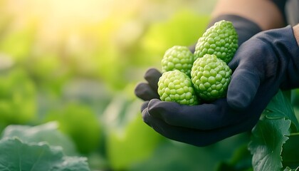 Gloved hands gently hold several unripe, green fruits in a lush garden setting