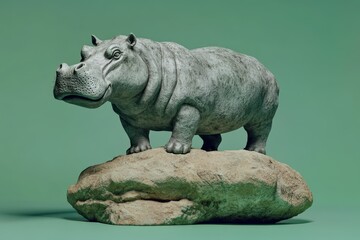 Fototapeta premium A gray hippopotamus figurine stands on a rock.