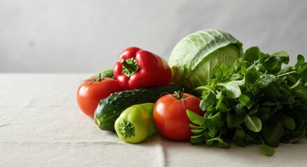 Fresh vegetables arrangement with tomatoes, peppers, cabbage, and greens on white surface