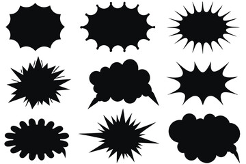 Comic explosion speech bubble vector shapes, speech bubble silhouettes, starburst designs in black. Ideal for graphic design, comic book art, pop art, and digital illustrations