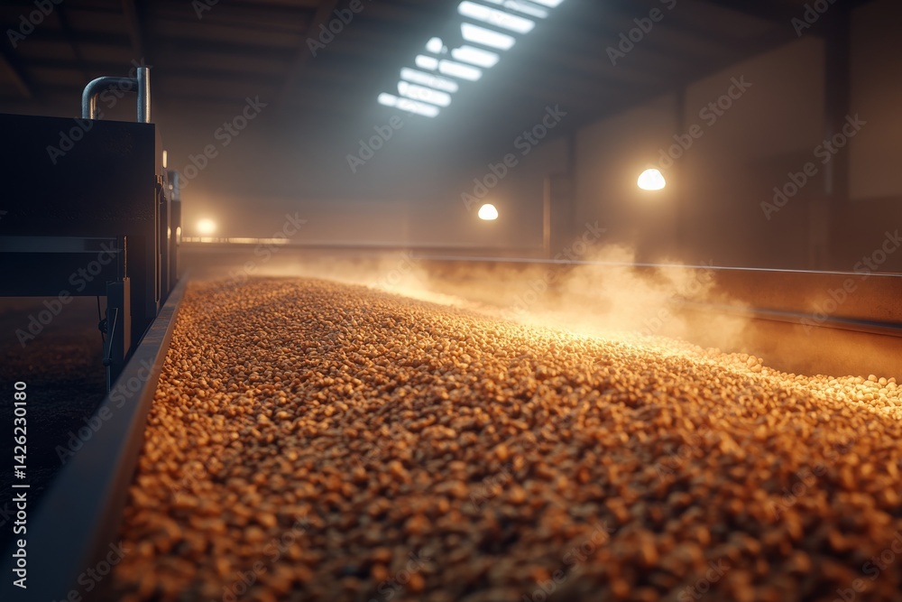 Poster conveyor belt carries potatoes toward a sorting machine in a well-lit processing facility, showcasin