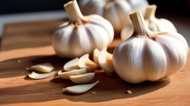 A close up of garlic cloves on a kitchen worktop ready for slicing