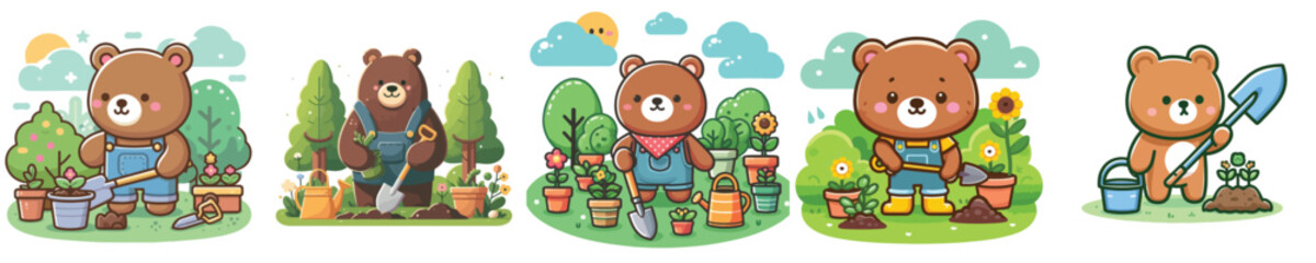 Vector of a bear gardening.