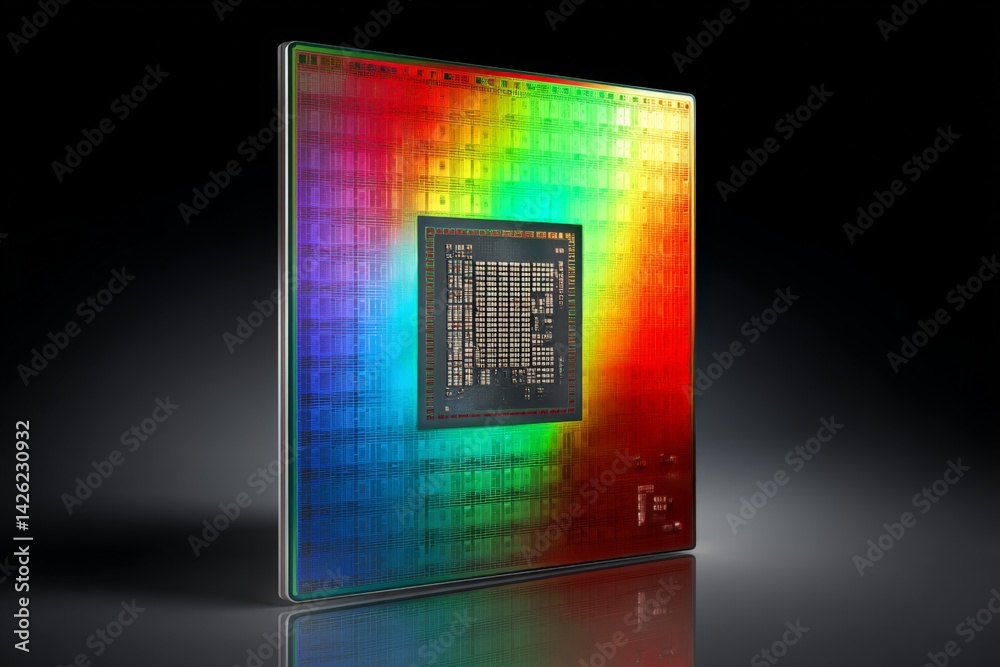 Poster High-tech processor chip showcasing vibrant colors and intricate design with a sleek background