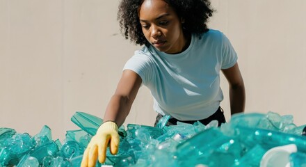 African female young adult sorting recyclable plastic bottles for environmental cleanup
