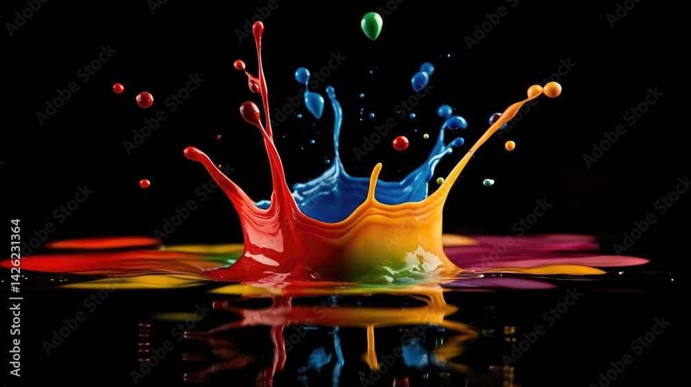 Poster Vibrant paint splashes suspended in water, creating mesmerizing swirling patterns in a beautiful explosion of color, perfect for abstract and dynamic visuals.