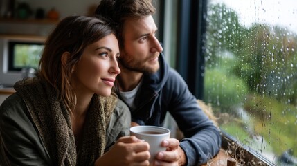Couple Looking Out the Window on Rainy Day, Drinking Tea in Cozy Kitchen Scene, Thoughtful Moment