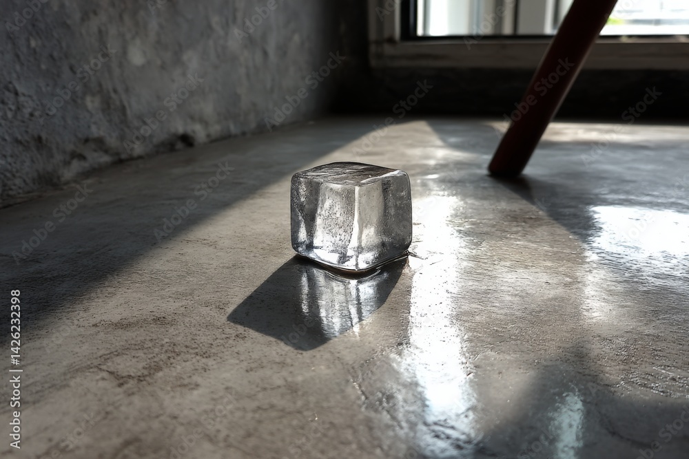 Poster Ice cube on a grey surface with sunlight creating shadows in a cozy indoor setting