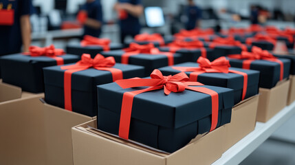 Obraz premium Shipping Labels Applied to Cartons at Bag Factory Warehouse Packaging Process Industrial Environment Logistics Concept