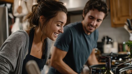 Happy Couple Cooking Together in a Cozy Kitchen, Sharing Laughter and Enjoying Meal Preparation