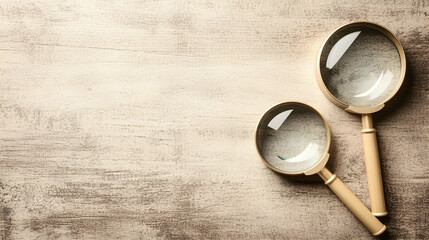 Two magnifying glasses on a textured surface; investigation, research, discovery concept; ideal for website banners, blog posts, or educational materials