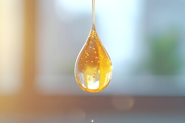 Golden liquid drop falling, illuminated by sunlight, bokeh background
