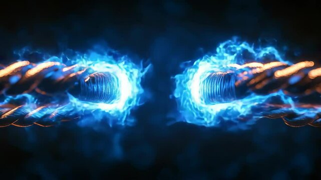 Close-up view of two wires connecting with electric flash in slow motion showcasing electrical energy activation in a dark environment
