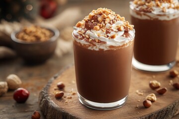 Delicious hot chocolate topped with creamy whipped cream and crushed nuts served in a cozy setting during winter