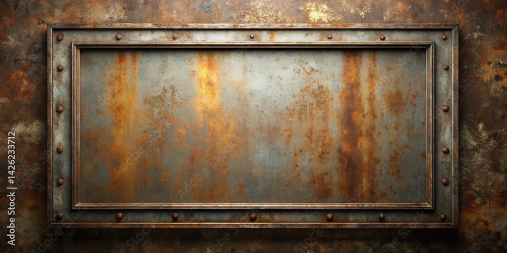 Aufkleber rustic metal panel with weathered frame and rivets, ideal for industrial design projects
