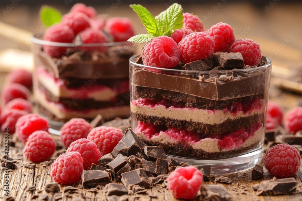 Aufkleber delicious raspberry chocolate dessert served in elegant glasses with mint garnish on rustic wood tab