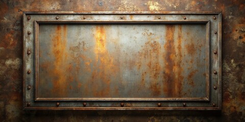 Rustic Metal Panel with Weathered Frame and Rivets, Ideal for Industrial Design Projects