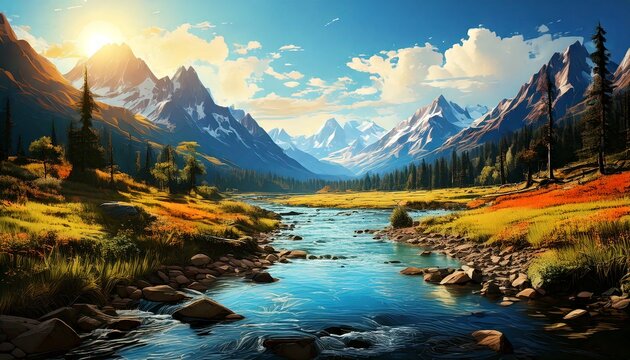 illustration mountain view with river
