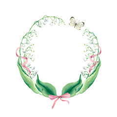 Delicate spring floral wreath of lilies of the valley and leaves tied with pink ribbon and flying butterfly. Watercolor illustration for print, gift wrapping, cover, postcard.