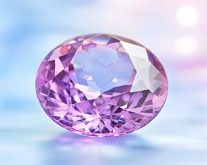 Oval-cut, light purple gemstone with brilliant facets, photographed on a blurred pastel background