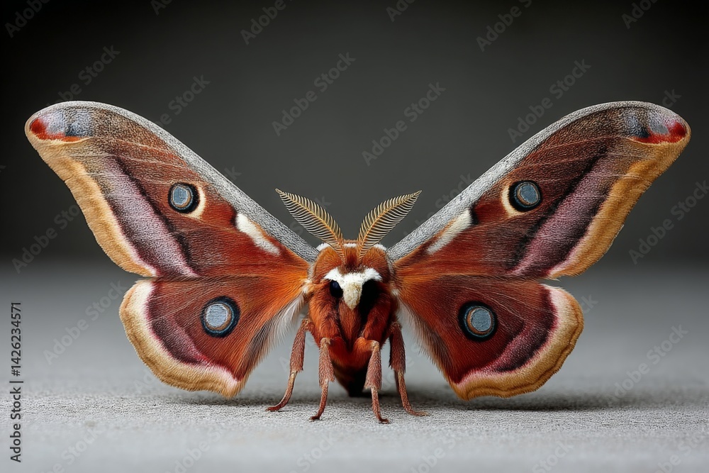 Poster Magnificent close-up of a colorful moth with intricate patterns in a dark setting