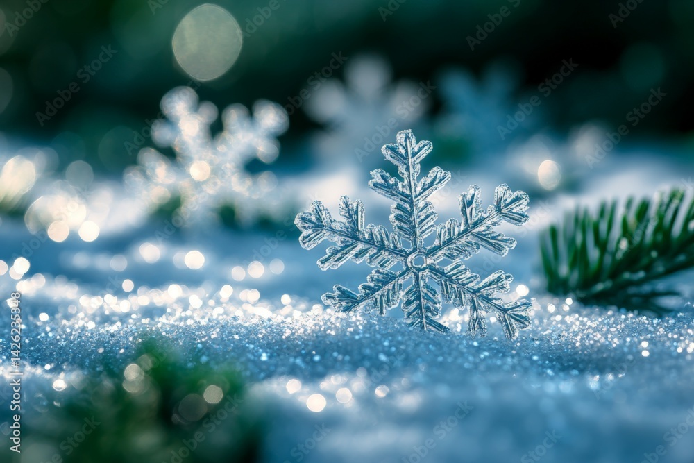 Poster stunning snowflakes resting on soft snow with shimmering sparkles during winter in a serene landscap