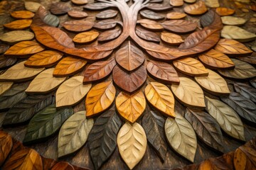 Fototapeta premium Intricate wooden wall art featuring detailed carved leaves in multiple shades showcasing craftsmanship and natural beauty