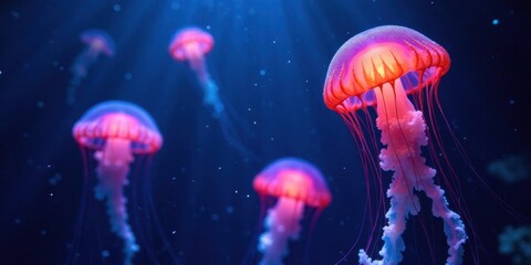 Fototapeta premium Mesmerizing bioluminescent jellyfish gracefully drift in the deep ocean's tranquil embrace