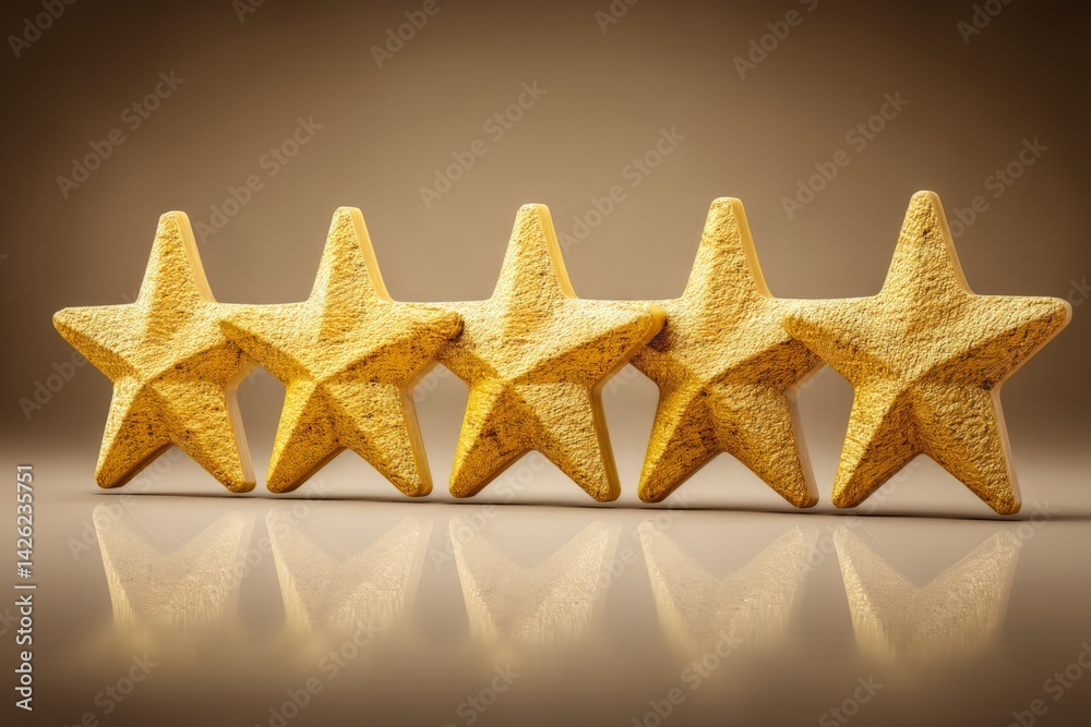 Poster five golden stars arranged in a row on a smooth surface with warm lighting, conveying a sense of exc