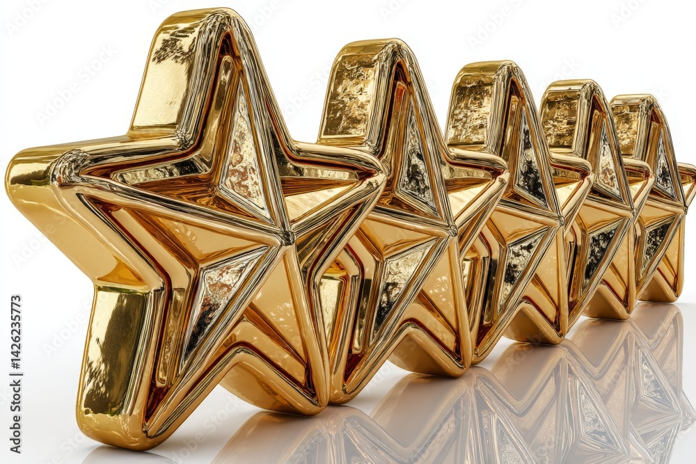 Poster bright golden stars arranged in a line reflecting light on a smooth surface