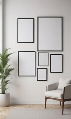 Fototapeta premium Blank black frames on a white wall, stylish minimalist living room setting, photo, design