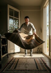 Man unfolding a rug indoors