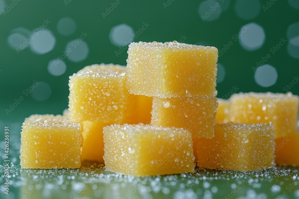 Poster Colorful yellow sugar cubes arranged on a green surface create a vibrant and enticing visual display