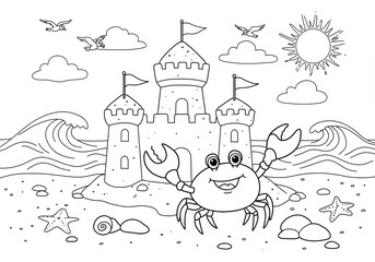 Happy cartoon crab waving near sandcastle with waves, sun, and seashells in a fun summer beach coloring book line art illustration